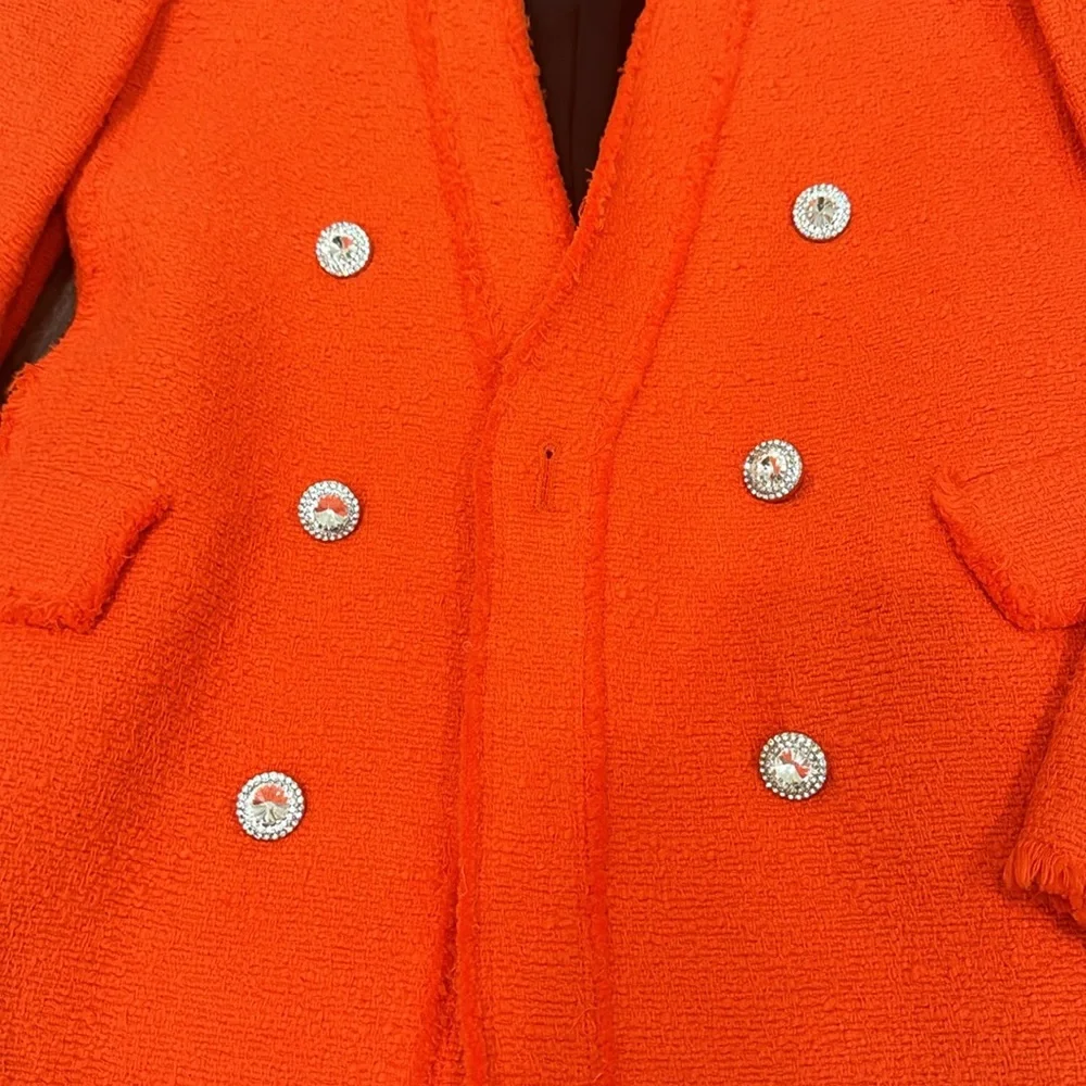 Zara Bright Orange Red Tweed Diamond Button Blazer - Picture 12 of 15